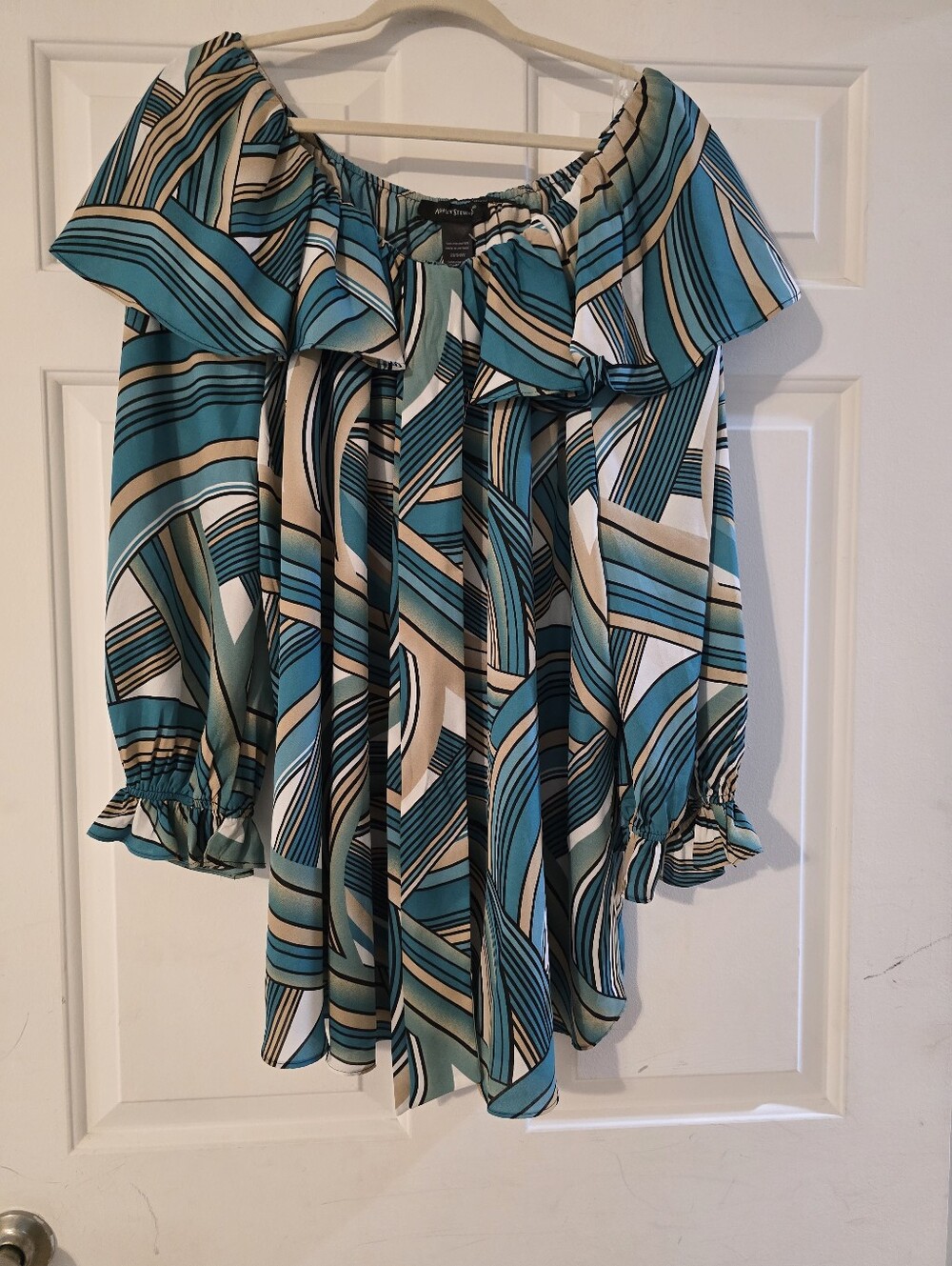 Ashley Stewart Teal and Cream Geometric Off-Shoulder Blouse